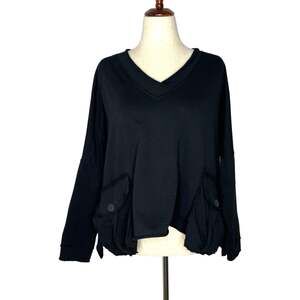 Planet Womens Top OSFA Black V-Neck Cotton Raw Hem Pockets Drop Shoulders Boho